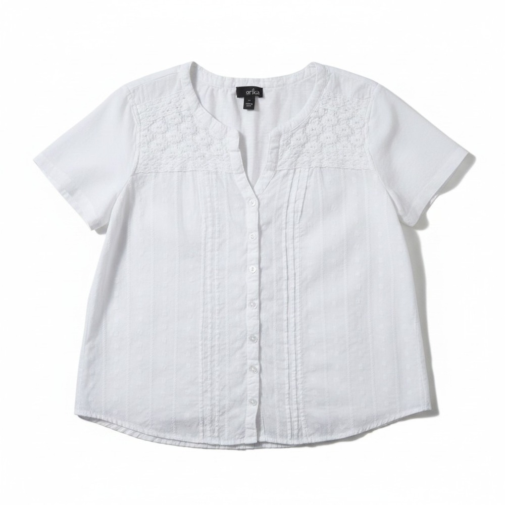 Erika Women's White Cotton Lace Embroidered Button Up Blouse Top Plus Size 1X
